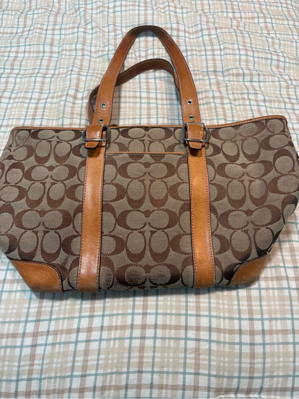 Coach 6042 Signature Canvas Tote Bag Brown Tan Monogram Leather Straps Purse